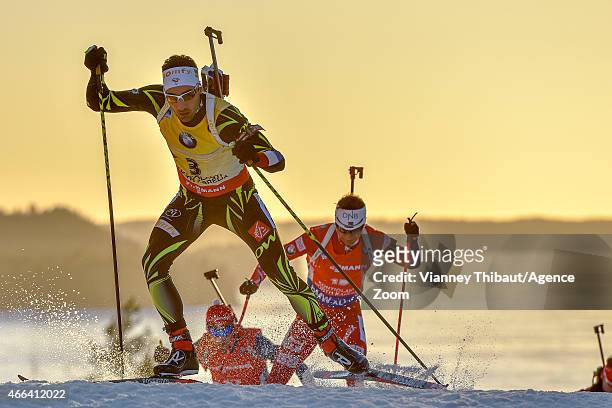 Martin Fourcade of France competes during the IBU Biathlon World Championships Men's and Women's Mass Start on March 15, 2015 in Kontiolahti, Finland.