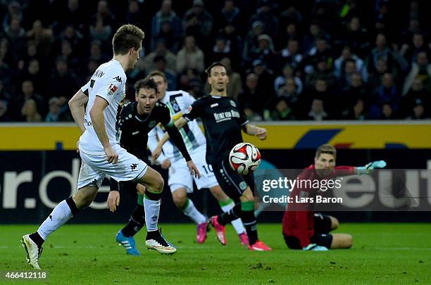 Patrick Herrmann of Borussia Moenchengladbach scoes his teams second goal during the Bundesliga match between Borussia Moenchengladbach and Hannover...