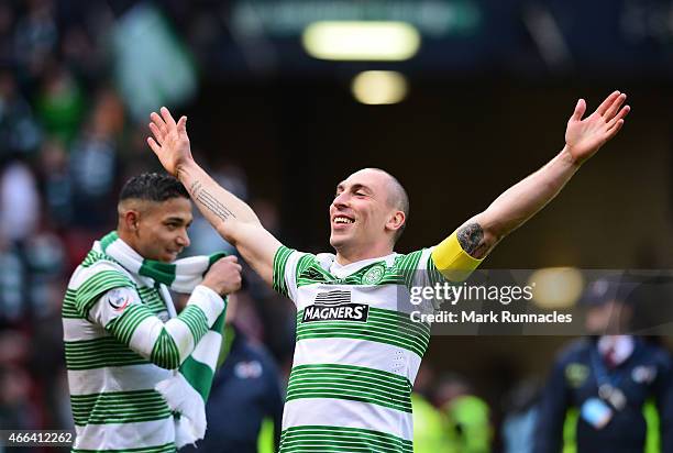 Celtic captain Scott Brown reacts as the Celtic team celebrate after winning the League Cup during the Scottish League Cup Final between Dundee...