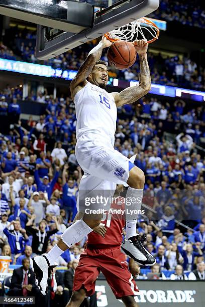 Willie Cauley-Stein of the Kentucky Wildcats dunks against the Arkansas Razorbacks in the first half during the championship game of the SEC...