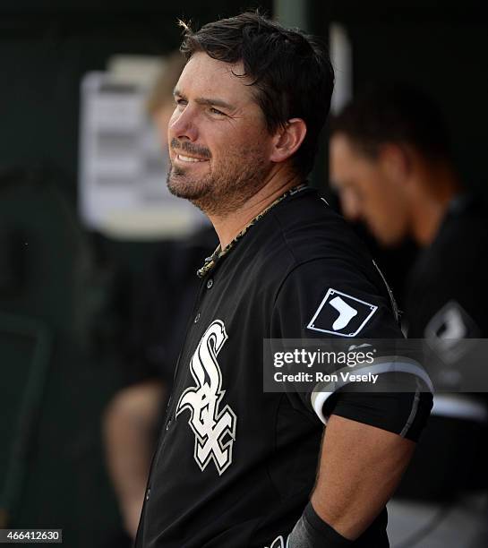 Andy LaRoche of the Chicago White Sox looks on during the spring training game between the Chicago White Sox and Los Angeles Angels on March 14, 2015...