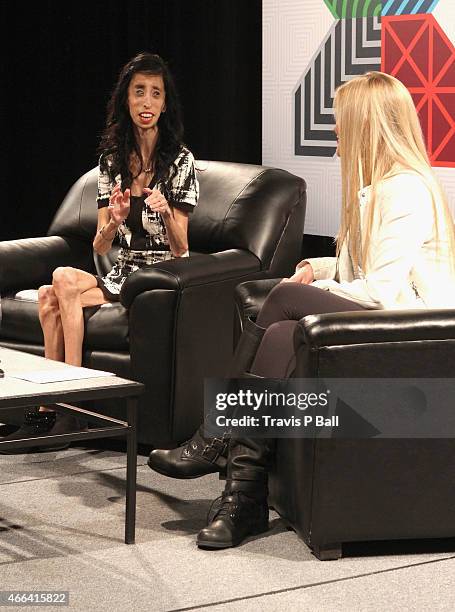 Lizzie Velasquez and Justine Ezarik speak onstage at 'A Conversation With YouTube Celebrities iJustine And Lizzie Velasquez' during the 2015 SXSW...