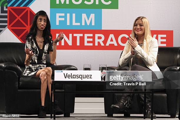 Lizzie Velasquez and Justine Ezarik speak onstage at 'A Conversation With YouTube Celebrities iJustine And Lizzie Velasquez' during the 2015 SXSW...