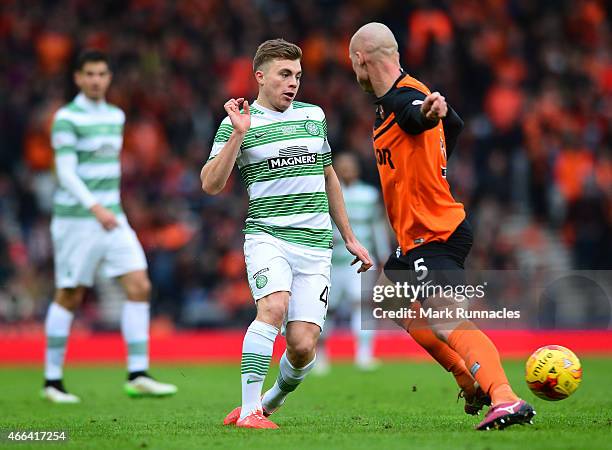 Kris Commons of Celtic takes on Jaroslaw Fojut of Dundee United during the Scottish League Cup Final between Dundee United and Celtic at Hamden Park...