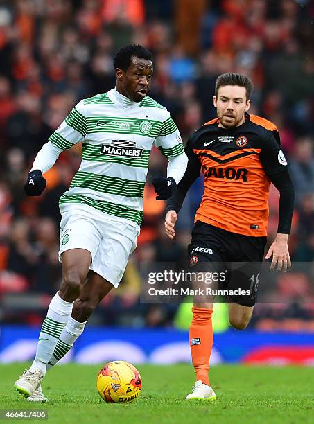 Efe Ambrose takes on Ryan Dow of Dundee United during the Scottish League Cup Final between Dundee United and Celtic at Hamden Park on March 15, 2015...