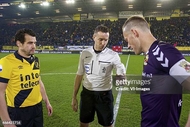 Henrico Drost of NAC Breda, referee Pol van Boekel, Marnix Kolder of Go Ahead Eagles during the Dutch Eredivisie match between NAC Breda and Go Ahead...