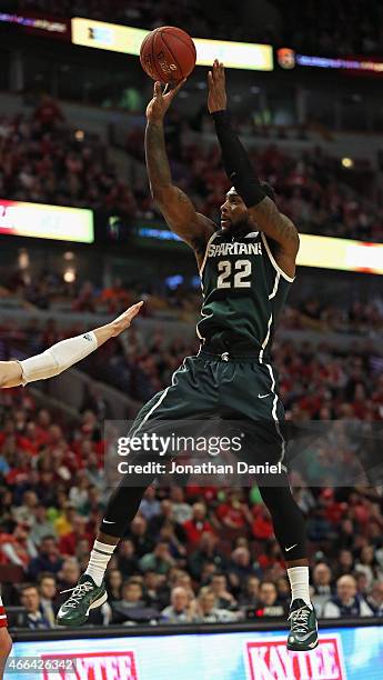 Branden Dawson of the Michigan State Spartans puts up a shot against the Wisconsin Badgers during the Championship game of the 2015 Big Ten Men's...