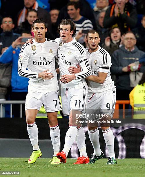 Gareth Bale Cristiano Ronaldo and Karim Benzema celebrate after ascoring of Real Madrid ... During the La Liga match between Real Madrid CF and...