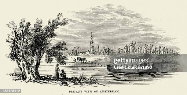distant view of amsterdam, 19th century - barge and tug stock illustrations