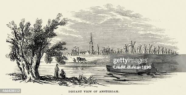 distant view of amsterdam, 19th century - pulling stock illustrations