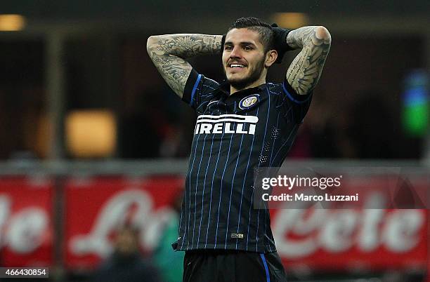 Mauro Emanuel Icardi of FC Internazionale Milano reacts to a missed chance during the Serie A match between FC Internazionale Milano and AC Cesena at...