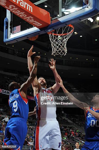 Josh Harrellson of the Detroit Pistons putting up a shot during a game against the Philadelphia 76ers on February 1, 2014 at The Palace of Auburn...