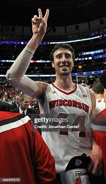 Frank Kaminsky of the Wisconsin Badgers waves to fans after the Championship game of the 2015 Big Ten Men's Basketball Tournament at the United...