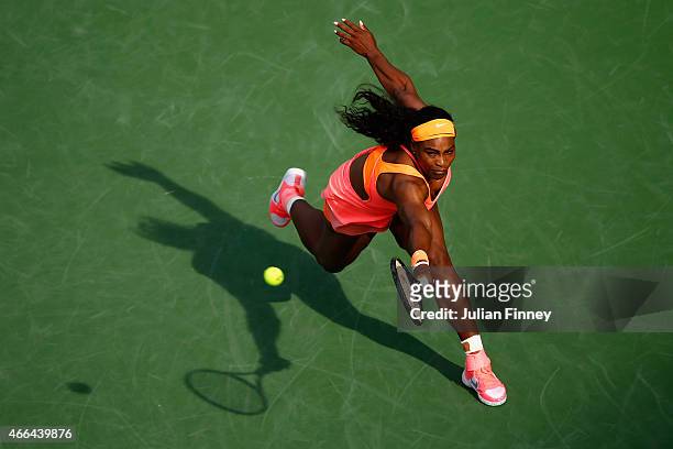 Serena Williams of USA in action against Zarina Diyas of Kazakhstan during day seven of the BNP Paribas Open tennis at the Indian Wells Tennis Garden...