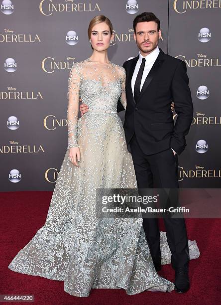 Actors Lily James and Richard Madden arrive at the World Premiere of Disney's 'Cinderella' at the El Capitan Theatre on March 1, 2015 in Hollywood,...