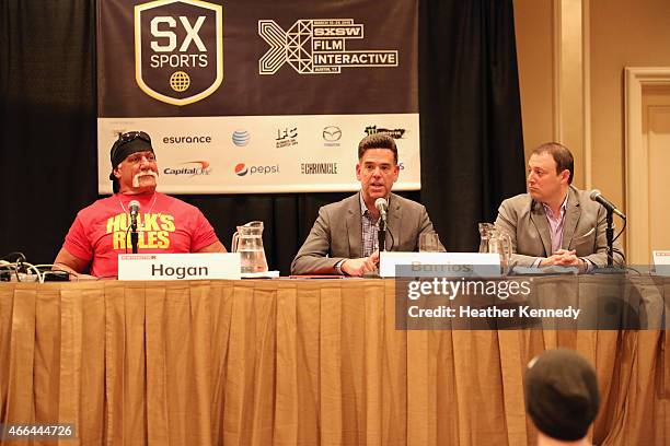 Hall of Famer Hulk Hogan, George Barrios, Chief Strategy & Financial Officer of WWE and Jeffrey Volk, SVP/Business Development of MLB Advanced Media...