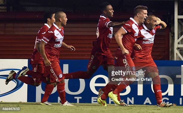 Angel Garre of Argentinos Juniors celebrates with his teammates after scoring the second goal of his team during a match between Argentinos Juniors...