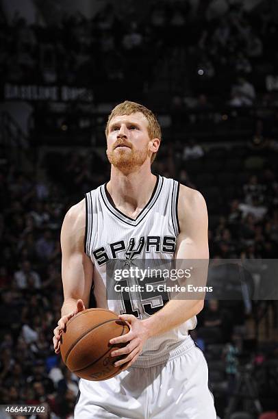 Matt Bonner of the San Antonio Spurs prepares to shoot a free throw against the Minnesota Timberwolves on March 15, 2015 at the AT&T Center in San...