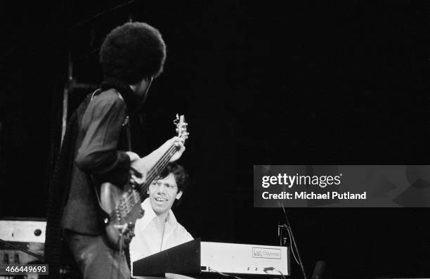 American bassist Stanley Clarke and pianist Chick Corea performing with jazz fusion group Return to Forever, March 1974.