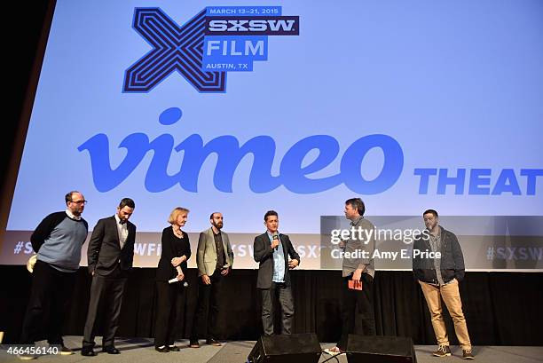 Marc Schiller, Glen Zipper, Lyn Ulbricht, Andy Greenberg, Alex Winter, Brian Knappenberger, and Cody Wilson speak onstage at the premiere of "Deep...