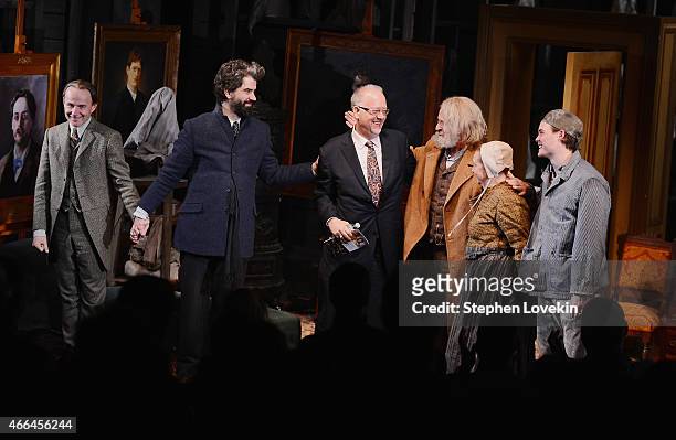 Actor Henry Stram, actor Hamish Linklater, playwright Doug Wright, actor John Noble,actress Dale Soules, and actor Mickey Theis attend the curtain...