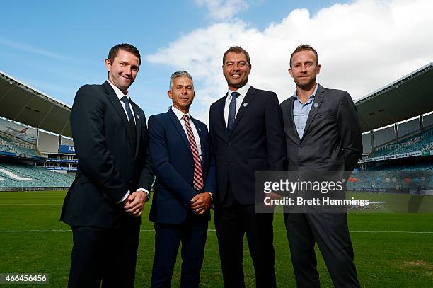 Sydney FC Football Hall Of Fame recipients Terry McFlynn, Steve Corica, Mark Rudan and Clint Bolton pose for a photo during the Sydney FC 10 Year...