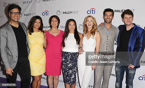 Jaime Camil, Andrea Navedo, Ivonne Coll, Gina Rodriguez, Yael Grobglas, Justin Baldoni and Brett Dier attend the "Jane The Virgin" event at the 32nd...