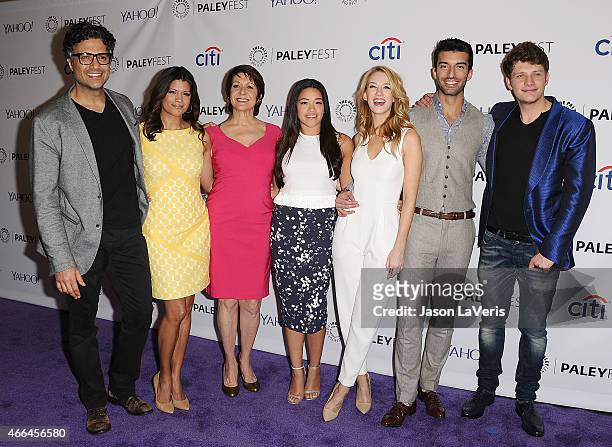 Jaime Camil, Andrea Navedo, Ivonne Coll, Gina Rodriguez, Yael Grobglas, Justin Baldoni and Brett Dier attend the "Jane The Virgin" event at the 32nd...