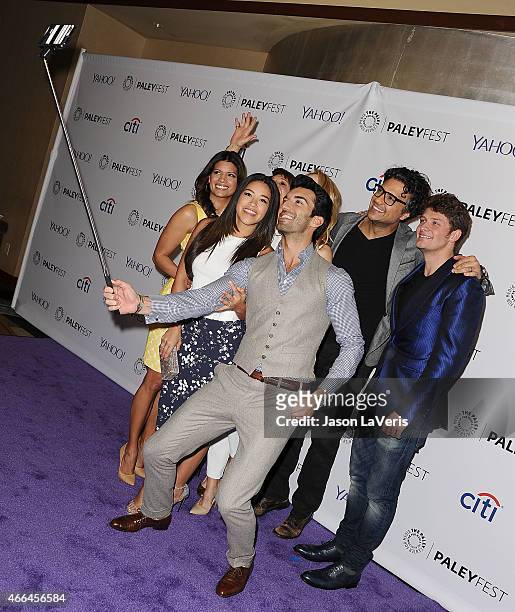Andrea Navedo, Gina Rodriguez, Justin Baldoni, Jaime Camil and Brett Dier take a selfie at the "Jane The Virgin" event at the 32nd annual PaleyFest...