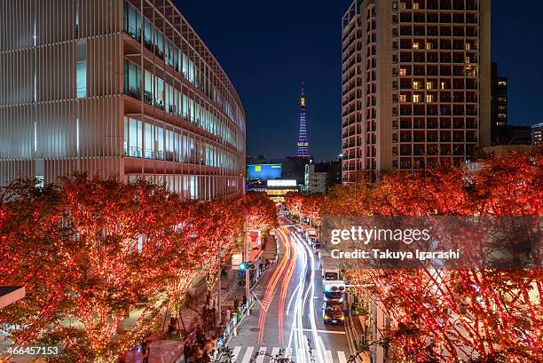 red tree-lined road - 六本木ヒルズ ストックフォトと画像