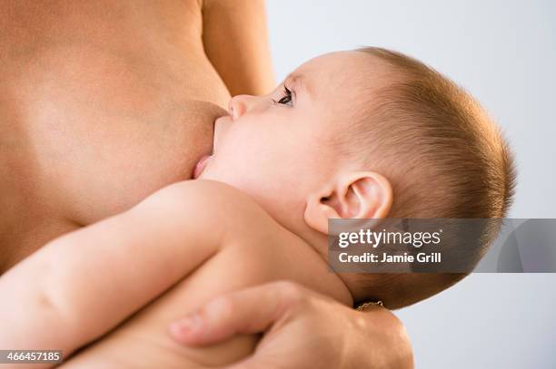 baby looking at mother while breastfeeding - baby studio bildbanksfoton och bilder