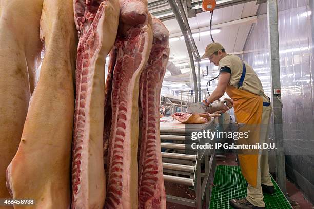 butcher cutting meat on the food processing plant - food processing plant stockfoto's en -beelden