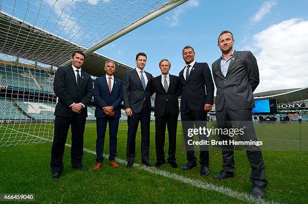 Terry McFlynn, Steve Corica, Sydney FC Chairman Scott Barlow, Sydney FC owner David Traktovenko, Mark Rudan and Clint Bolton pose for a photo during...