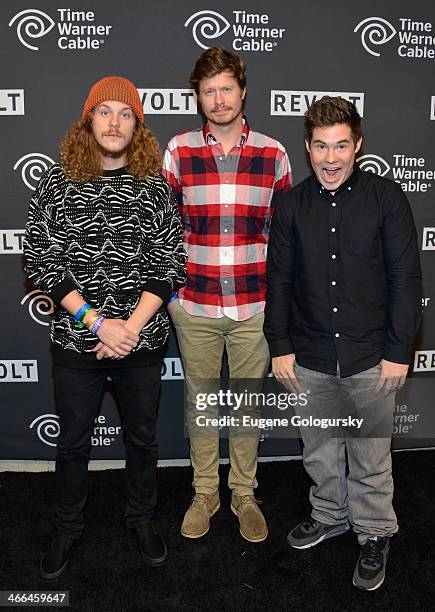 Blake Anderson, Anders Holm and Adam DeVine of 'Workaholics' attend Time Warner Cable Studios and Revolt Bring the Music Revolution event on February...