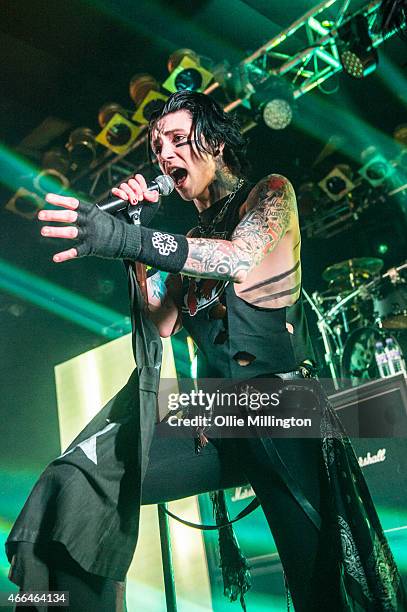Andy Biersack of Black Veil Brides performs on stage during an intimate European tour rehersal show for fans at Electric Ballroom on March 15, 2015...