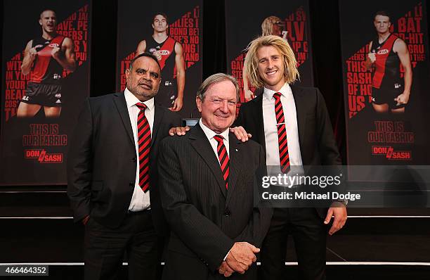 Bombers legends Michael Long Kevin Sheedy and current player Dyson Heppell pose during the Essendon Bombers 2015 AFL season launch at Luminare on...