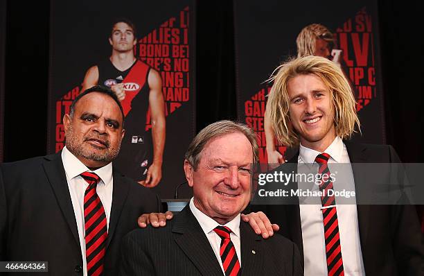 Bombers legends Michael Long Kevin Sheedy and current player Dyson Heppell pose during the Essendon Bombers 2015 AFL season launch at Luminare on...