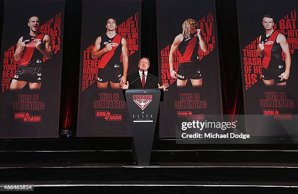 Bombers legend Kevin Sheedy speaks to media during the Essendon Bombers 2015 AFL season launch at Luminare on March 16, 2015 in Melbourne, Australia.