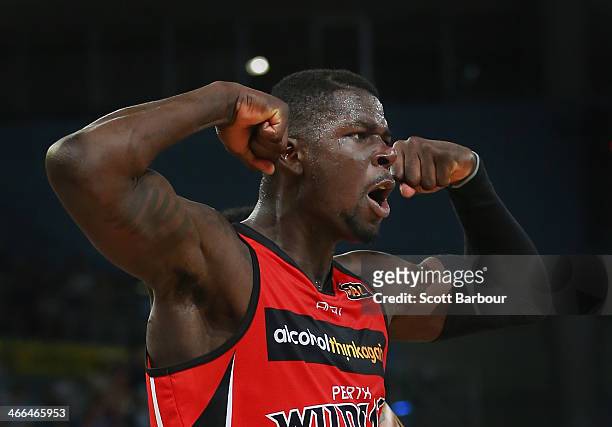 James Ennis of the Wildcats celebrates after shooting a basket during the round 16 NBL match between the Melbourne Tigers and the Perth Wildcats at...