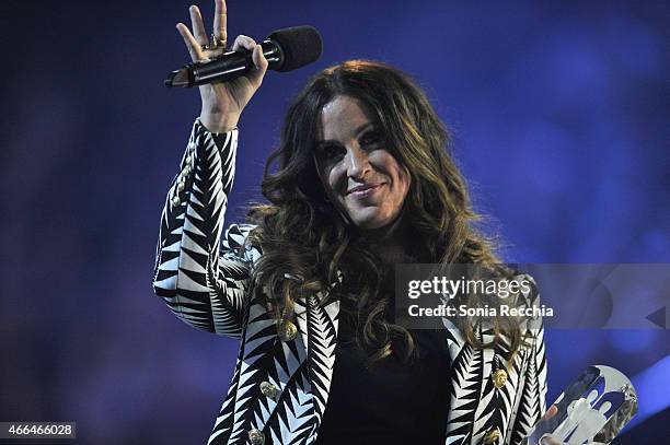 Alanis Morissette is presented an award at the 2015 JUNO Awards at FirstOntario Centre on March 15, 2015 in Hamilton, Canada.