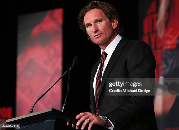 Bombers Head Coach James Hird speaks during the Essendon Bombers 2015 AFL season launch at Luminare on March 16, 2015 in Melbourne, Australia.