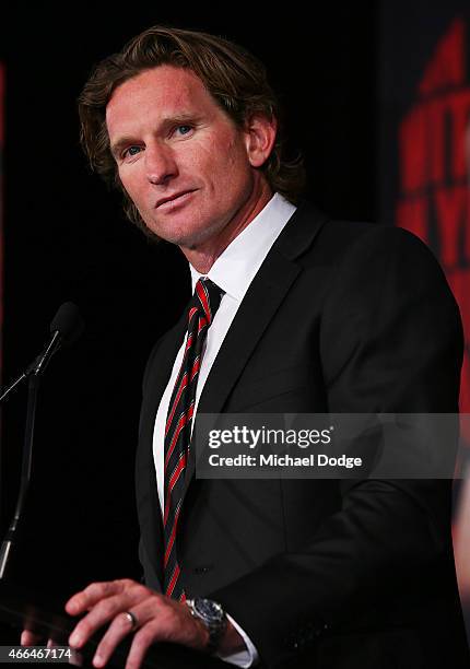 Bombers Head Coach James Hird speaks during the Essendon Bombers 2015 AFL season launch at Luminare on March 16, 2015 in Melbourne, Australia.