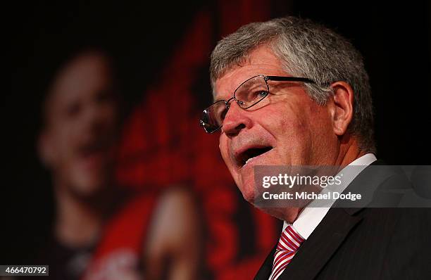 Graeme Moss speaks after receiving a life membership award during the Essendon Bombers 2015 AFL season launch at Luminare on March 16, 2015 in...
