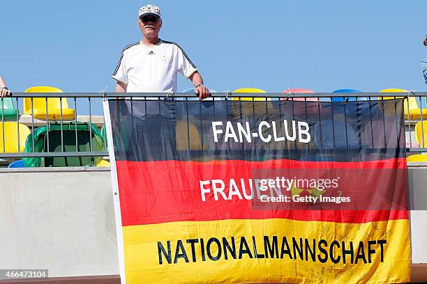 Fan and flag for support of the team during the Women's Algarve Cup 3rd place match between Sweden and Germany at Municipal Stadium Bela Vista on...