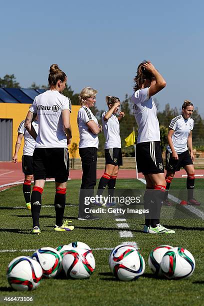 Silvia Neid of Germany during the team warm up during the Women's Algarve Cup 3rd place match between Sweden and Germany at Municipal Stadium Bela...