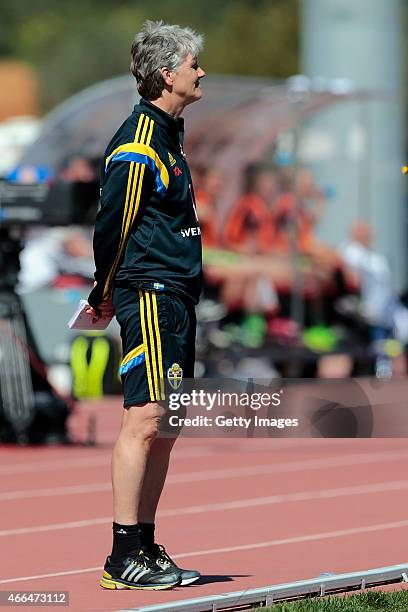 Pia Sundhage of Sweden during the Women's Algarve Cup 3rd place match between Sweden and Germany at Municipal Stadium Bela Vista on March 11, 2015 in...