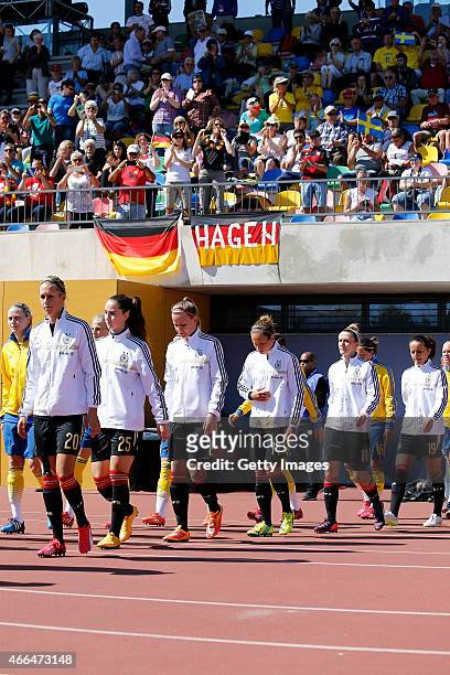 Players entering for the field during the Women's Algarve Cup 3rd place match between Sweden and Germany at Municipal Stadium Bela Vista on March 11,...