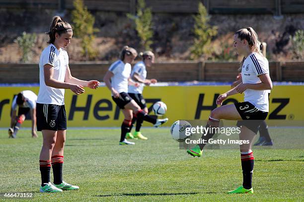 Melanie Leupolz and Margarita Gidion of Germany warming up during the Women's Algarve Cup 3rd place match between Sweden and Germany at Municipal...