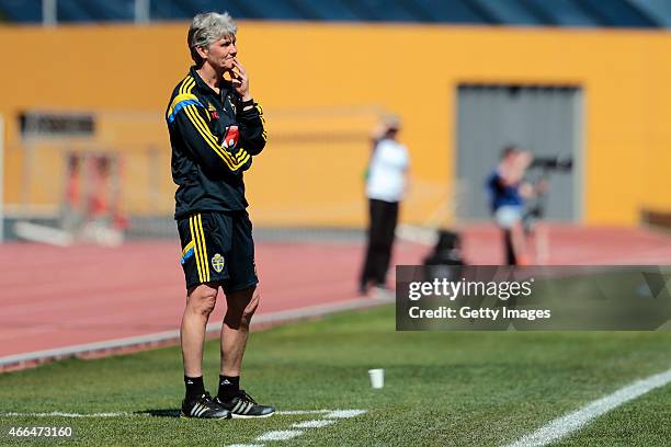 Pia Sundhage of Sweden during the Women's Algarve Cup 3rd place match between Sweden and Germany at Municipal Stadium Bela Vista on March 11, 2015 in...