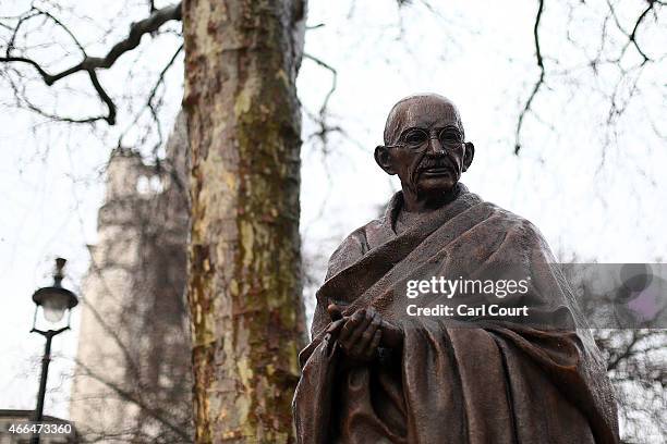 Statue of Indian independence leader Mahatma Gandhi is pictured in Parliament Square on March 16, 2015 in London, England. The 2.7m bronze statue was...